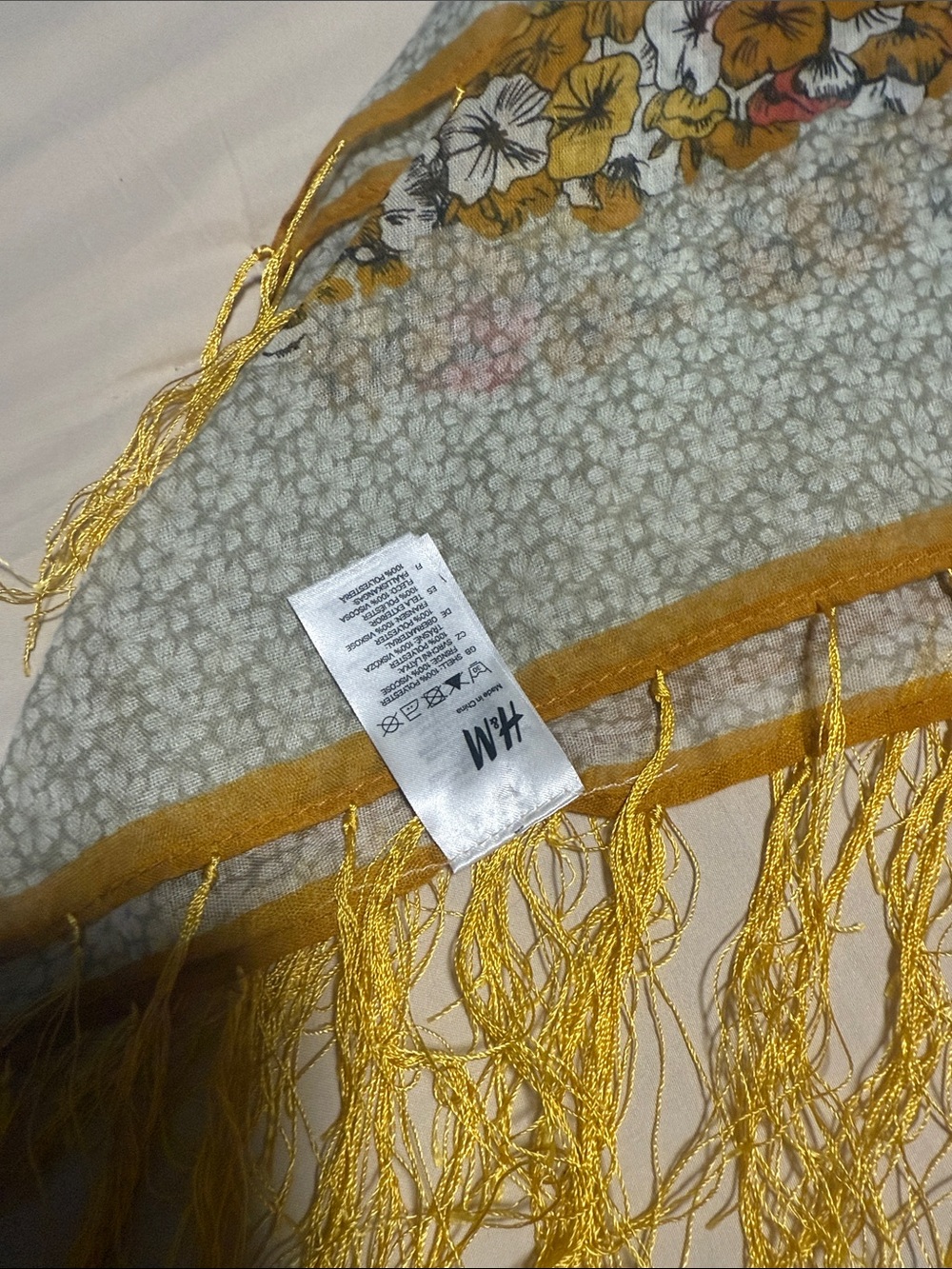 H&M Gold fringed scarf. Beautiful Gold Flowered Pattern - Picture 5 of 6